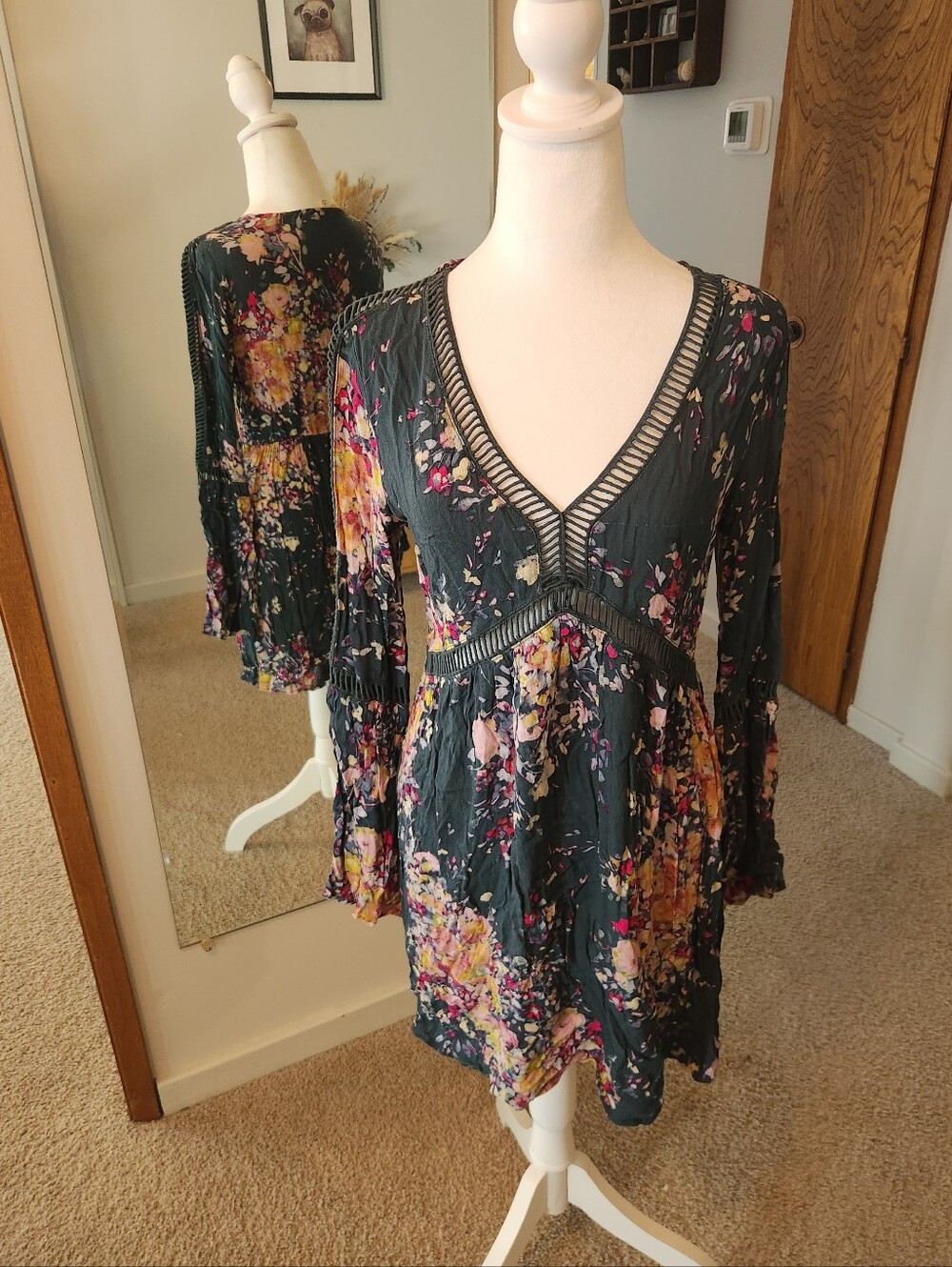 (2 For $30) Lovestitch Calliope Green Long Bell Sleeve Floral Cut Out Dress